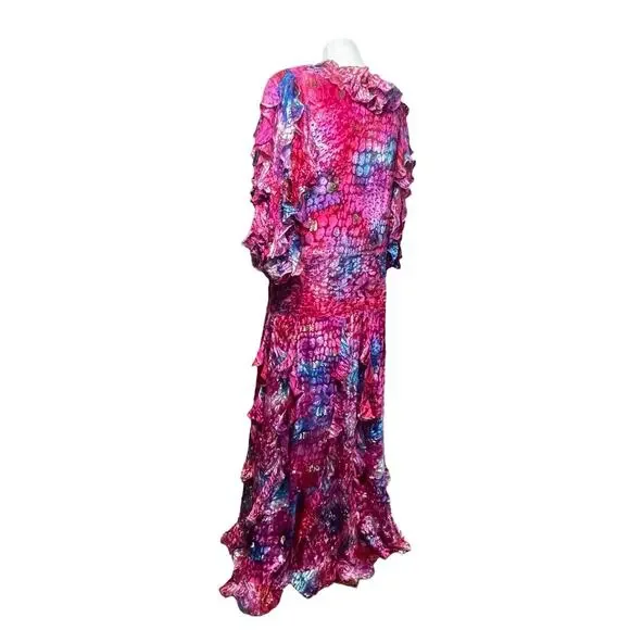 Diane Freis Georgette Colorful Dress Mermaid Silk Drop Waist Flowy Ruffles Rare Diane Freis Georgette Colorful Dress Mermaid Silk Drop Waist Flowy Ruffles Rare